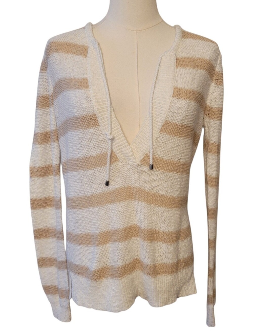 LOFT White & Khaki Tan Stripe Linen & Cotton Sweater Size Medium